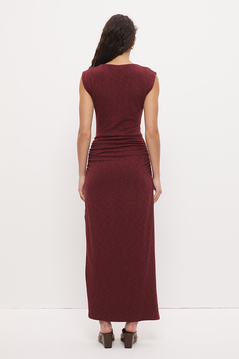 Sleeveless textured jersey column midi dress with boat neckline, beaded asymmetrical straps, hip ruching, and side split
