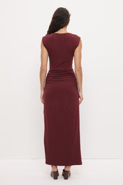 Sleeveless textured jersey column midi dress with boat neckline, beaded asymmetrical straps, hip ruching, and side split