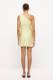 One-shoulder bias-cut sateen mini dress with draped bodice, tonal beaded trim and cinched sash