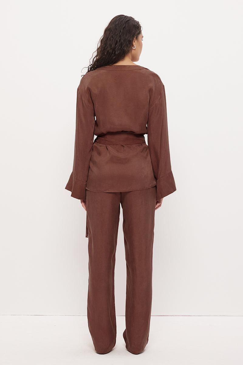 Kimono wrap top in brushed woven fabric with waist tie and macrame tassel detail