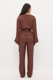 Kimono wrap top in brushed woven fabric with waist tie and macrame tassel detail