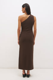 One shoulder stretch crepe midi dress with asymmetrical neckline, contrast embroidery and column silhouette with side split