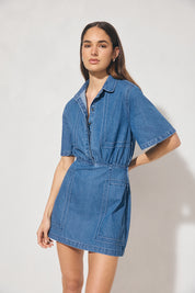 Short-sleeved denim mini dress with cornelli piping, blouson shirt-style bodice, gathered waist, and skimming mini skirt