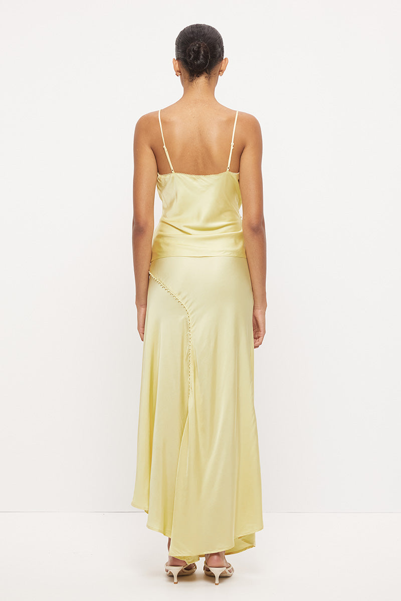 Bias-cut sateen camisole top with scalloped V-neckline, beaded tassel sash and adjustable straps