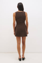 Sleeveless stretch crepe mini dress with boat neckline, contrast embroidery and full fit and flare skirt