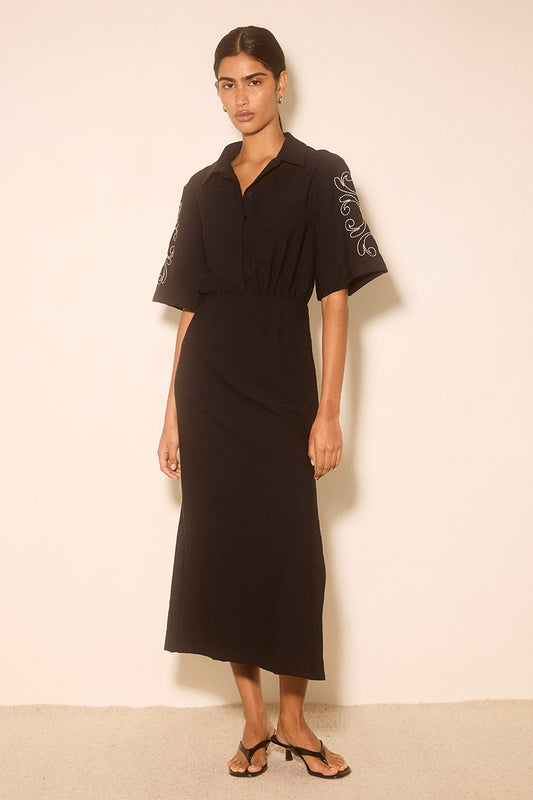 ZAHRA EMBROIDERED MIDI DRESS MIDNIGHT BLACK
