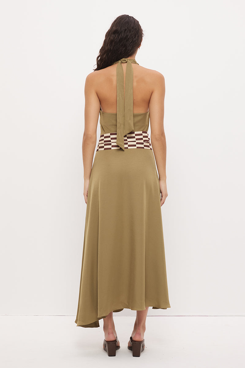 Halter neck maxi dress in sateen with cowled neckline and contrast wooden ring belt