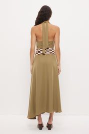 Halter neck maxi dress in sateen with cowled neckline and contrast wooden ring belt