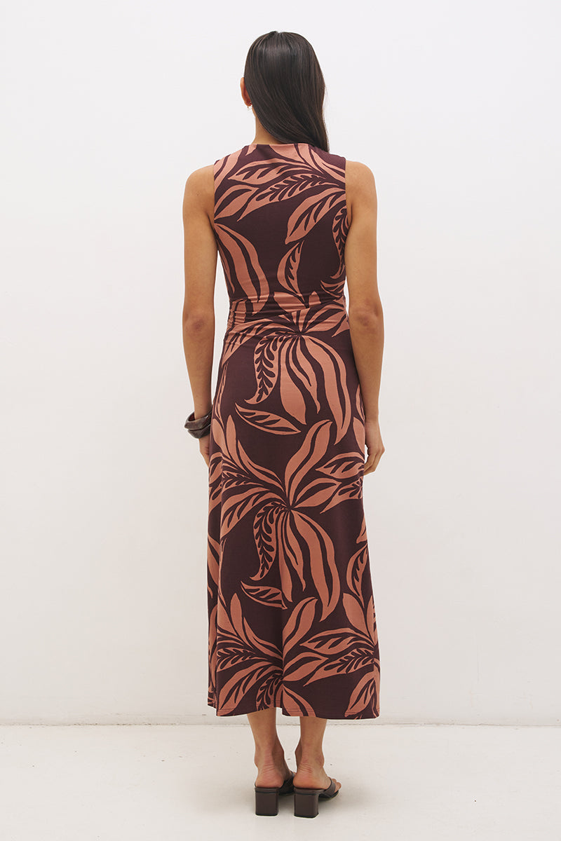 Sleeveless printed midi dress with fit and flare silhouette, funnel neckline, ruched bodice, and soft A-line skirt in stretch modal jersey
