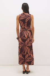 Sleeveless printed midi dress with fit and flare silhouette, funnel neckline, ruched bodice, and soft A-line skirt in stretch modal jersey