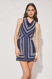 Sleeveless mini dress with handcrafted placement print, blouson bias-cut bodice, cowled neckline, and skimming mini skirt