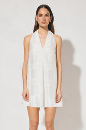 Embroidered halter mini dress with macramé waist belt and A-line silhouette