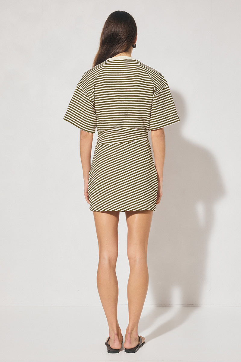 Striped bonded knit tee shirt mini dress with oversized fit, cinched waist, wide sleeves, and crew neckline