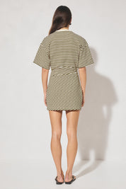 Striped bonded knit tee shirt mini dress with oversized fit, cinched waist, wide sleeves, and crew neckline