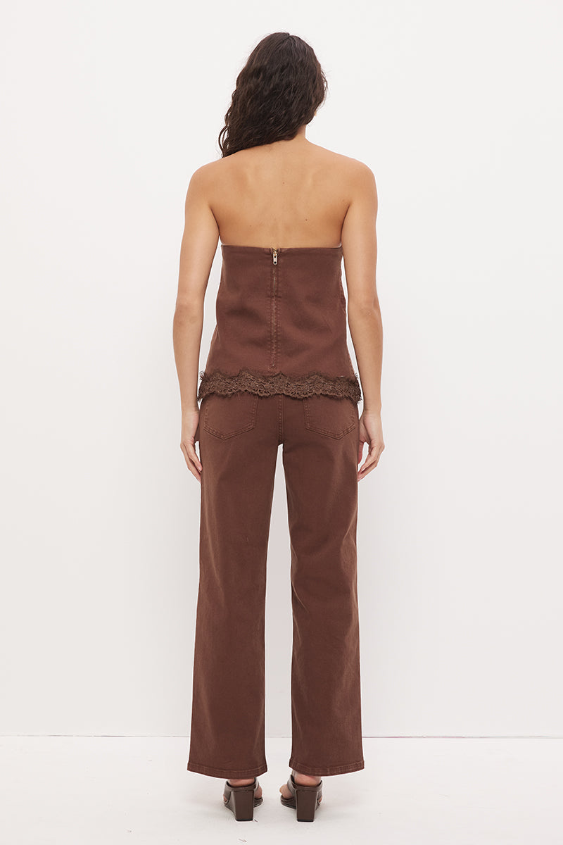 Strapless denim top with A-line silhouette and scallop lace trim hemline