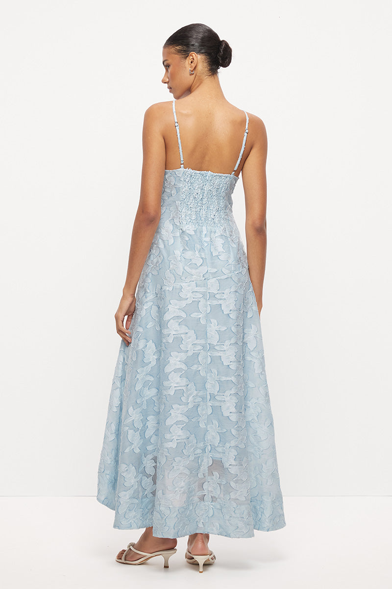 Strappy hi-lo midi dress in semi-sheer floral applique with plunging V-neckline and fit and flare skirt