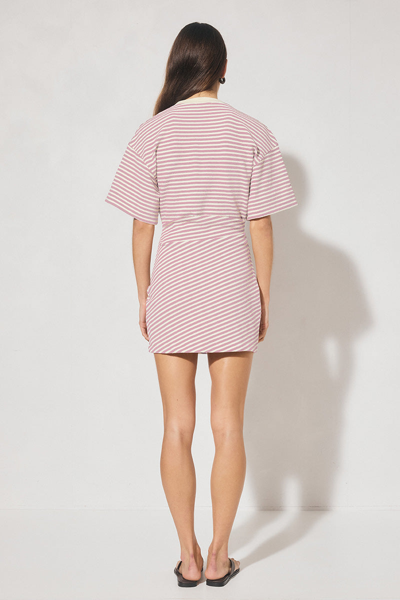 Striped bonded knit tee shirt mini dress with oversized fit, cinched waist, wide sleeves, and crew neckline