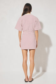 Striped bonded knit tee shirt mini dress with oversized fit, cinched waist, wide sleeves, and crew neckline