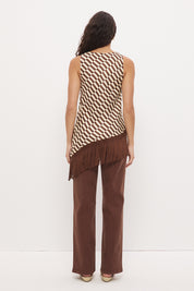 Sleeveless bias-cut longline top in brushed woven fabric with cowl neckline and macrame tassel hem