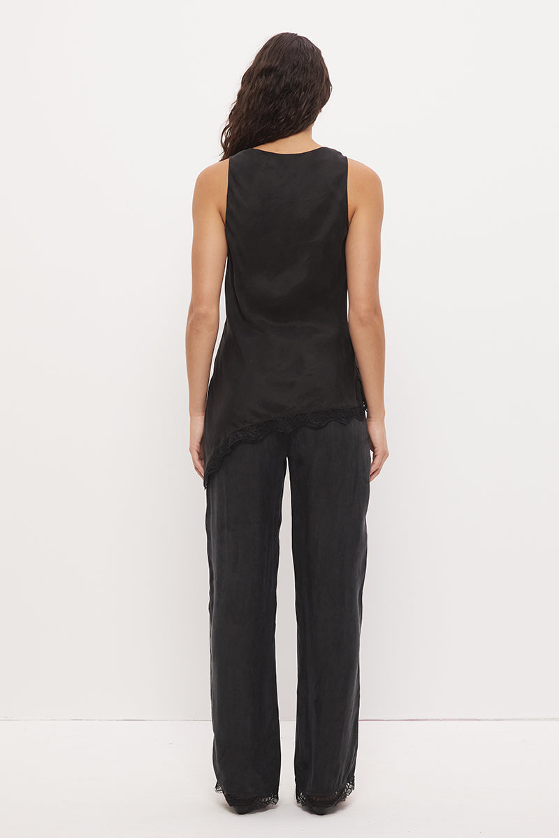 Sleeveless longline bias top with cowl neckline, scalloped lace hem and asymmetrical hem in silky cupro blend fabric