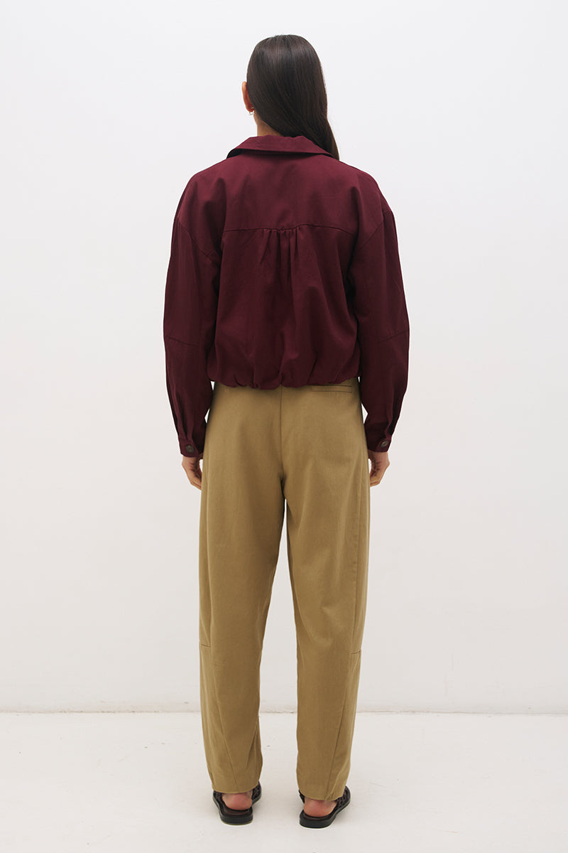Cotton twill bomber jacket with balloon sleeves, patch pockets, drawcord hem and relaxed fit silhouette