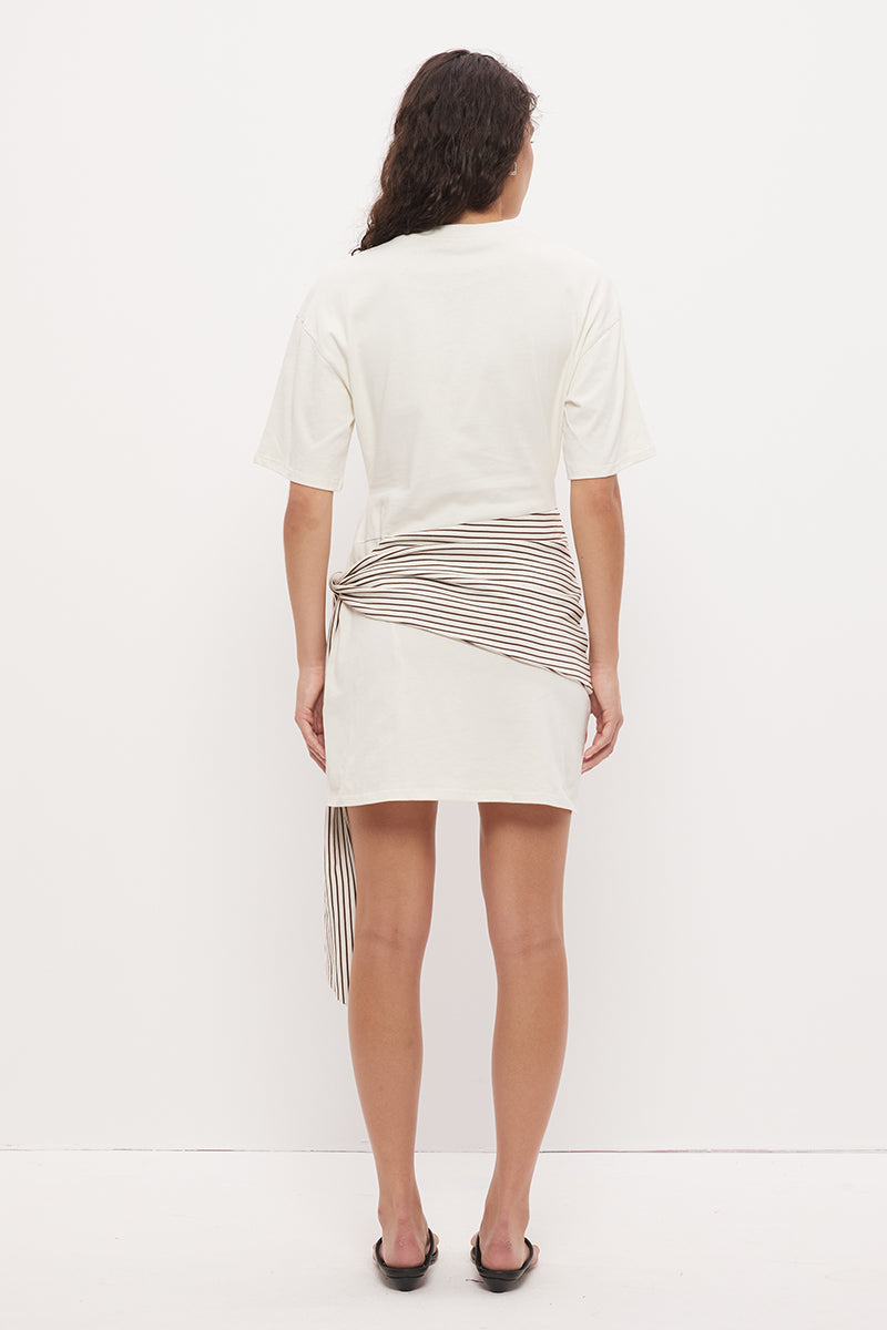 Tee shirt mini dress in cotton jersey with dropped waist and contrast tie sash
