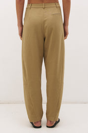 Cotton twill barrel leg pants with mid-rise fit, drawstring waist and structured panel detailing