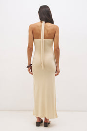 Knitted halter neck maxi dress with floral appliqué, turtleneck band, bodycon bodice and fit and flare skirt