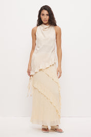 Sheer mesh lace maxi skirt with A-line silhouette, flounced frill panels and lettuce hem finish