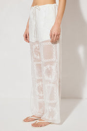 ELOWEN Relaxed Drawstring Pants in semi-sheer embroidered fabric with wide-leg silhouette, elasticated waist, drawcord, and side pockets