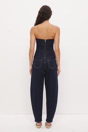 Strapless stretch denim top with straight neckline, contrast embroidery, bust darts, and exposed back zipper