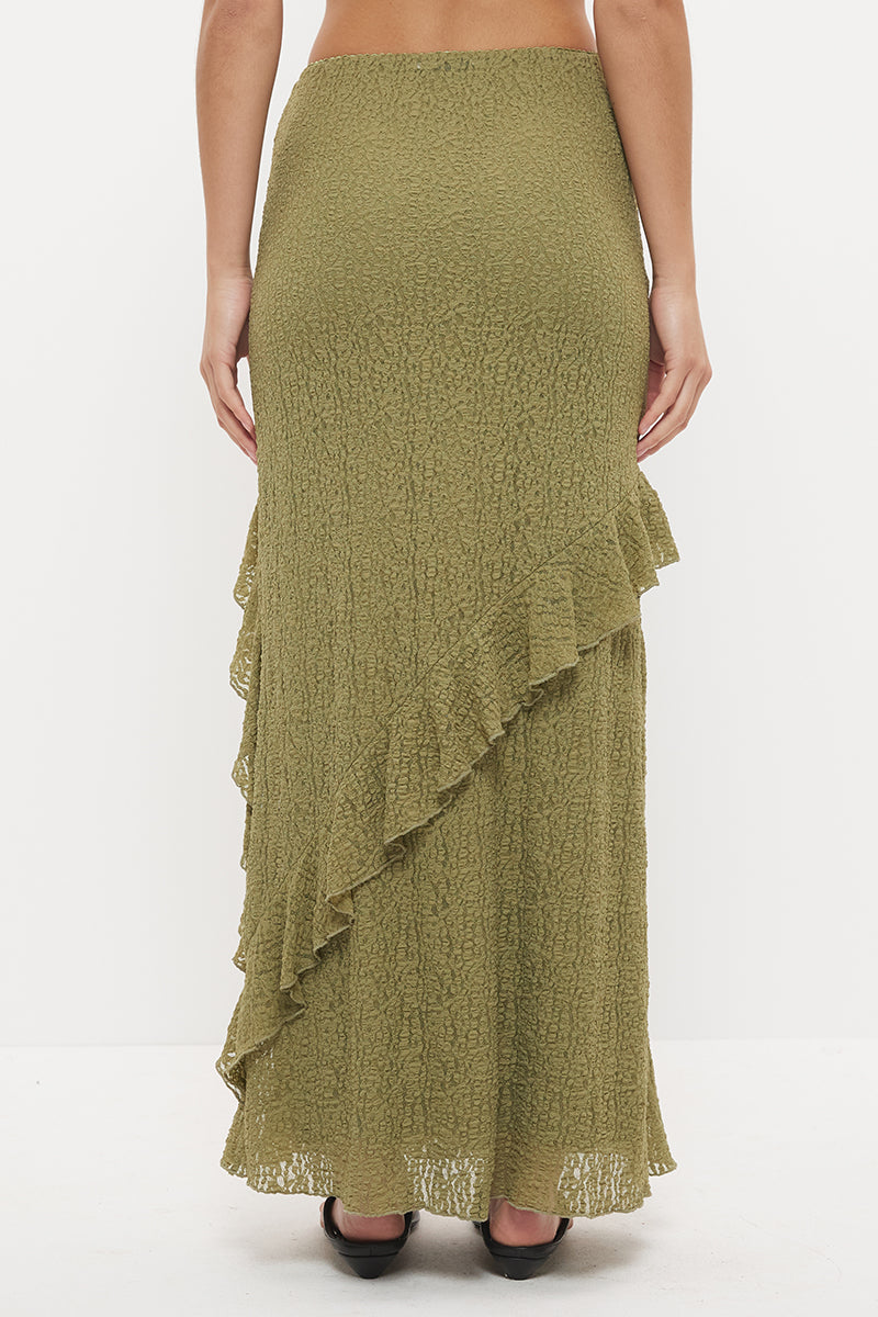 Sheer mesh lace maxi skirt with A-line silhouette, flounced frill panels and lettuce hem finish