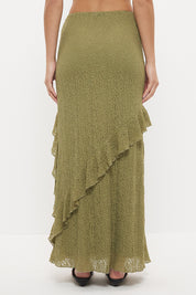 Sheer mesh lace maxi skirt with A-line silhouette, flounced frill panels and lettuce hem finish