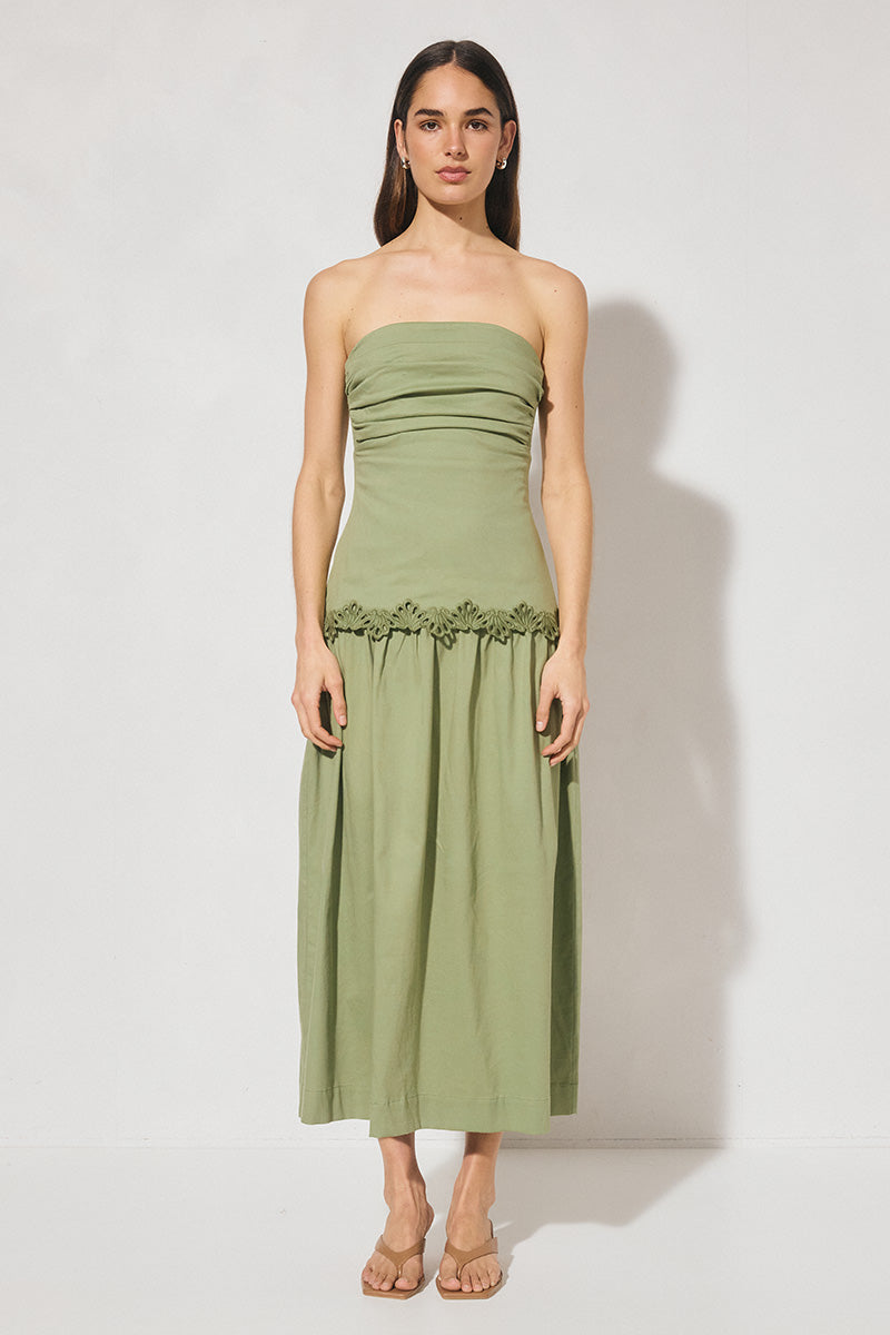 Strapless midi dress with scalloped embroidery, straight neckline, gathered bust, elasticated side panels, and full gathered fit-and-flare skirt