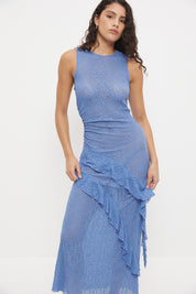 Sheer mesh lace midi dress with fit and flare silhouette, waist ruching and flounced frill hem